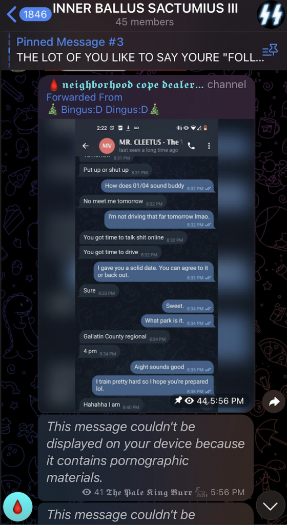 Screen shot of messages showing that Bingus and Cleetus agreed to a time and date for a mutual fight in Bozeman MT